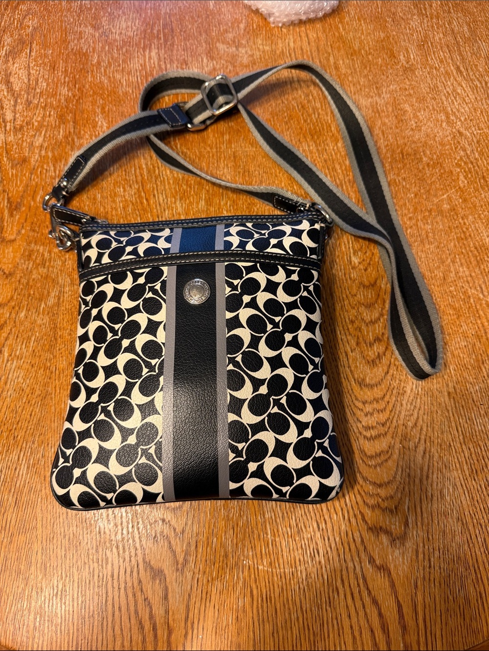 Coach Black and White Signature Crossbody with Striped Strap